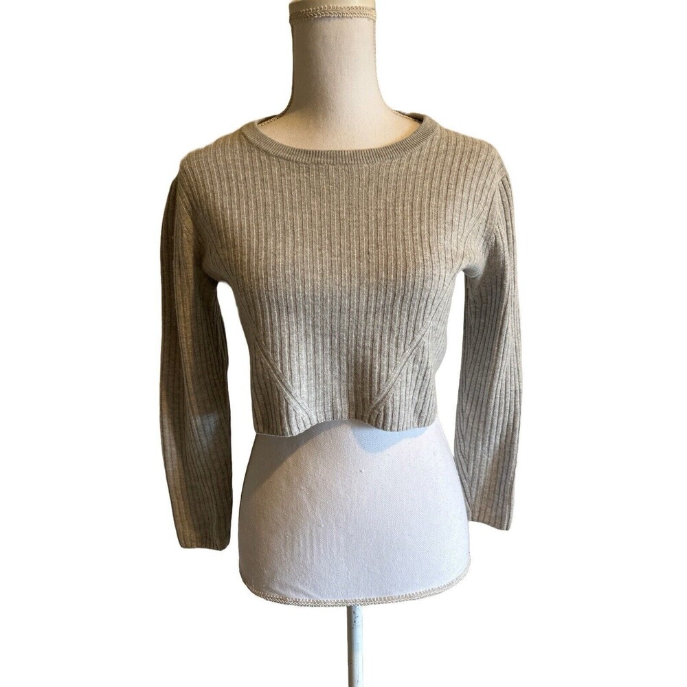 Babaton Women's S Gray Wool Linen Blend Ribbed Long Sleeves Cropped Sweater